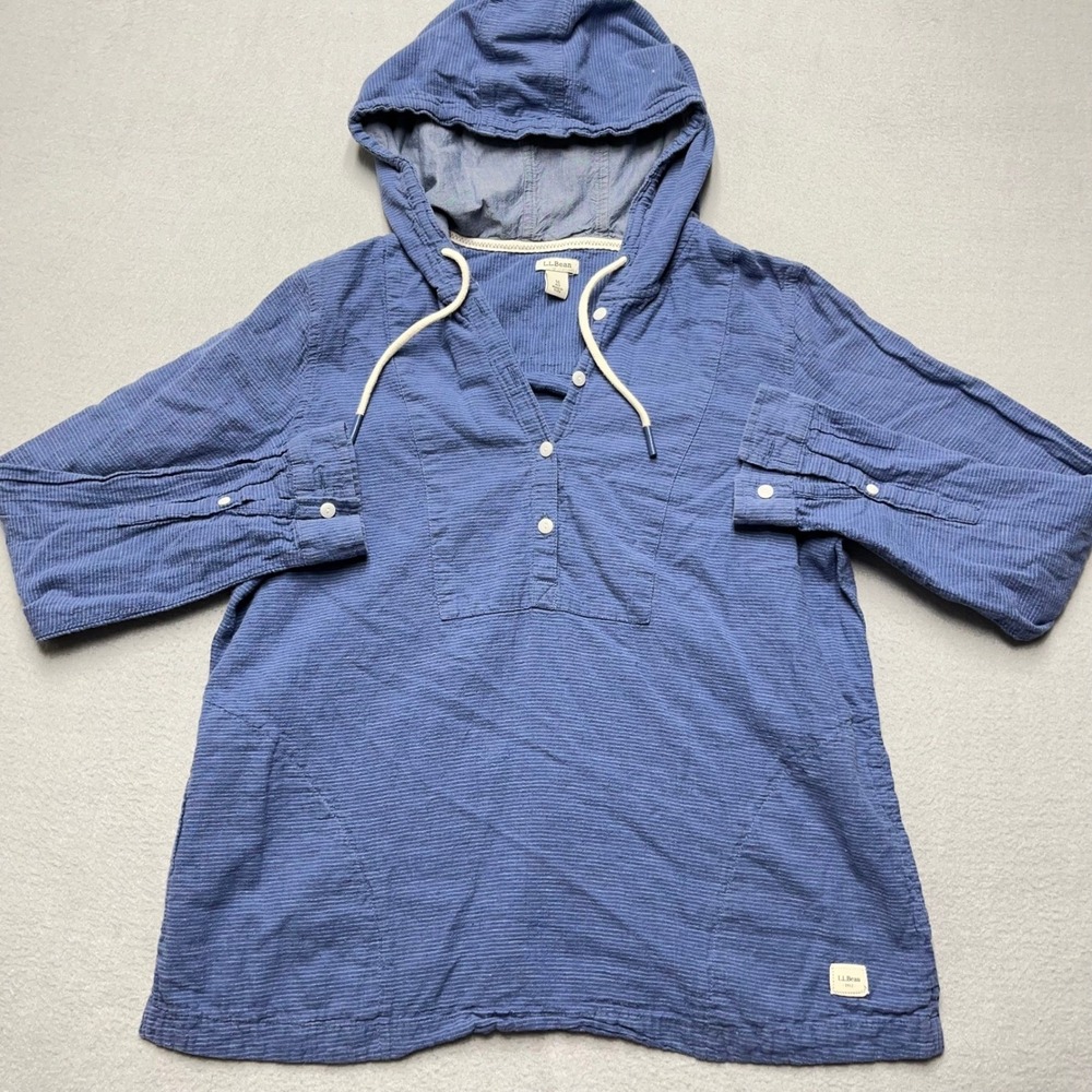 LL Bean Womens Blue Striped Linen Cotton Hoodie Henley Pullover Shirt M 510153